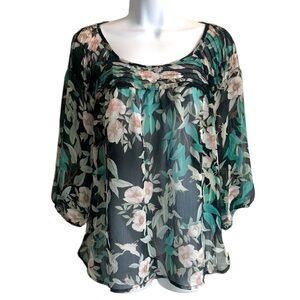 🔴 4/$15 LC Lauren Conrad Women’s L Sheer Green Black Floral Top Blouse in EUC